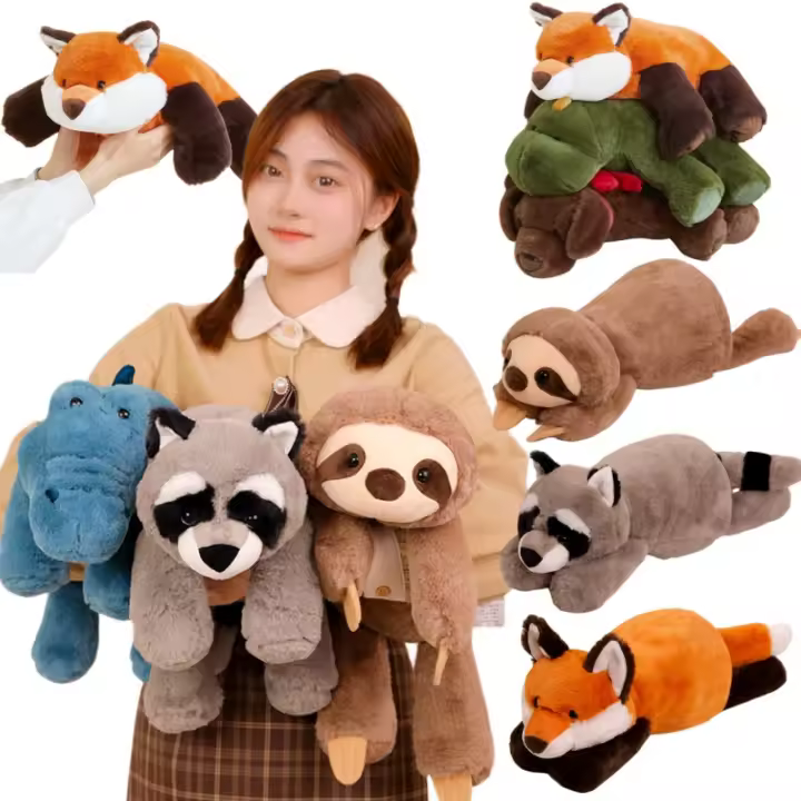 Almohada De Peluche Suave De 45-70cm En Forma De Animal Lười Gato Zorro Cocodrilo Regalo De Cumpleaños Para Niño Y Niña Rellena Con Poliéster - 1