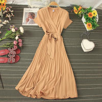 Nuevo Vestido De Verano 2026 Para Mujer Estilo Casual Con Cuello En V Manga Corta Lace up Pleated Chiffon Vestido De Cintura Alta - details 6