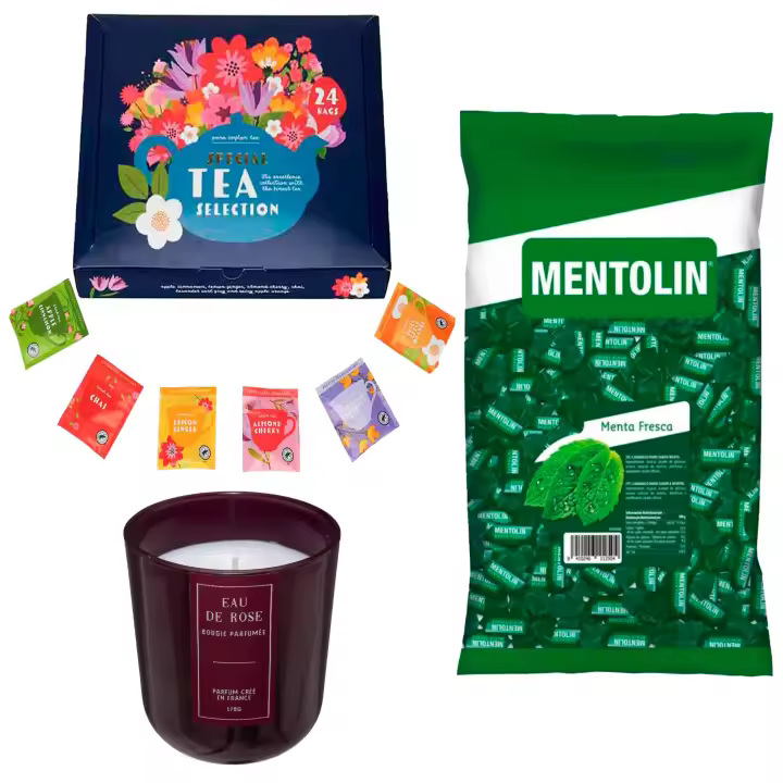 Pack relax: MENTOLIN MENTA FRESCA BOLSA 1KG + Vela perfumada rosa de silicona 170 g + Set de Te con 24 bolsitas con diferentes sabores y aromas - 1