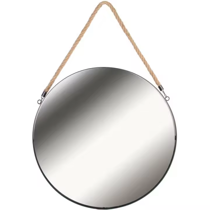 STARLEY-*Espejo Redondo De Pared, Marco De Metal Y Cuerda  de cáñamo Espejo De Vanidad De Dormitorio HD/Espejo Decorativo Mod erno, Sala De Baño, Sala De Estar, Cafetería del Hotel, Negro,MEDIDA,30CM - 1