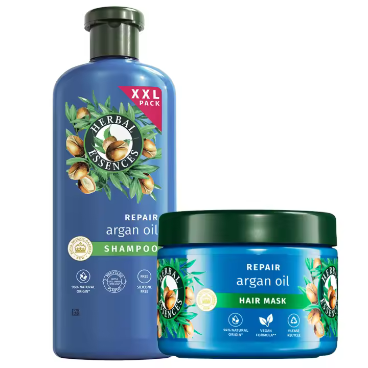 Herbal Essences Champú y mascarilla Reparadora, Con Aceite De Argán Para Pelo Dañado. Hidratación Intensa. De Origen Natural. Sin Siliconas, Vegano, No Testado En Animales 680+500ml - 1