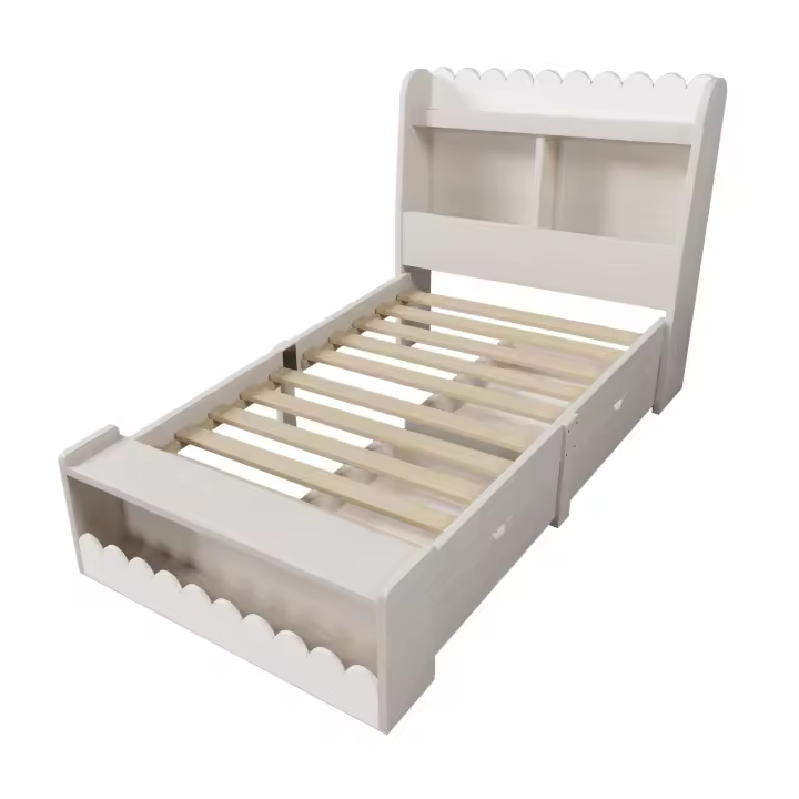Cama de almacenamiento individual Cama de 90x200 cm, Marco de Cama y base de listones de Madera, con Roble Blanco (colchón no incluido) - 1