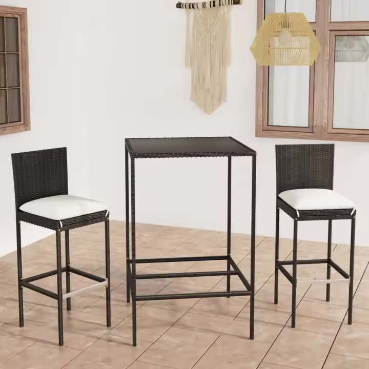 vidaXL Mesa y taburetes altos jardín y cojines 3 pzas ratán PE negro - 1