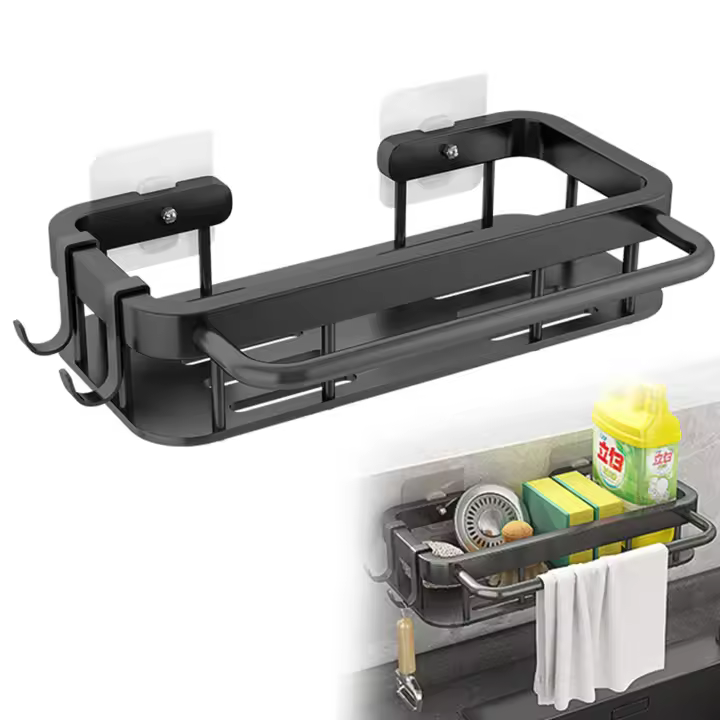 Estante de almacenamiento para fregadero de cocina, organizador de lavado de cocina, organizador de cocina extraible multifunciones, carritos para fregadero de la comparación con los ganchos para toallero (Negro) - 1