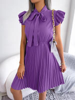 Vestido Elegante De Mujer Con Cintura Alta Y Volantes Para Primavera Y Verano Estilo Casual Collar Con Lazo Cuello Alto Y Mangas Batwing - details 22