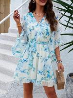 Vestido A-Line De Pierna Larga Para Mujer Con Estampado Floral Elegante Cuello V Manga Corta Estilo Casual Vestido De Verano Primavera - details 4