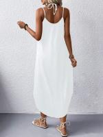 Vestido Maxi Blanco De Encaje Con Tirantes Y Abertura En La Manguera Para Mujer Talla Grande Estilo Punk Con Cuello En V - details 2
