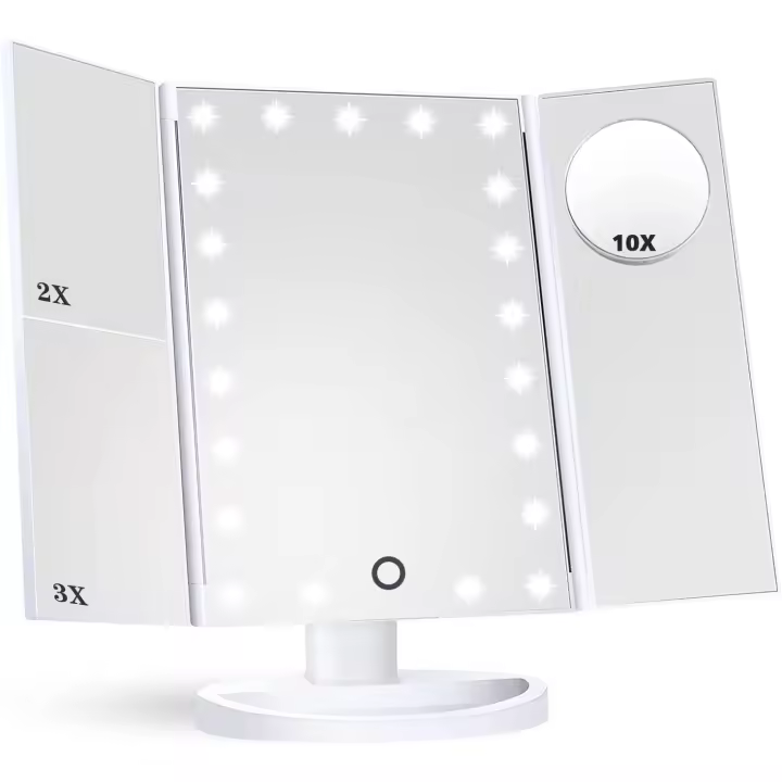 Espejo de Maquillaje, [Regalos Navidad] Espejo de Mesa Tríptico con Aumentos 10X, 3X, 2X y 1X, Espejo Cosmético Pantalla Táctil en Iluminacíon 21 Led, Carga con USB o Batería, Adjustable 180º - 1