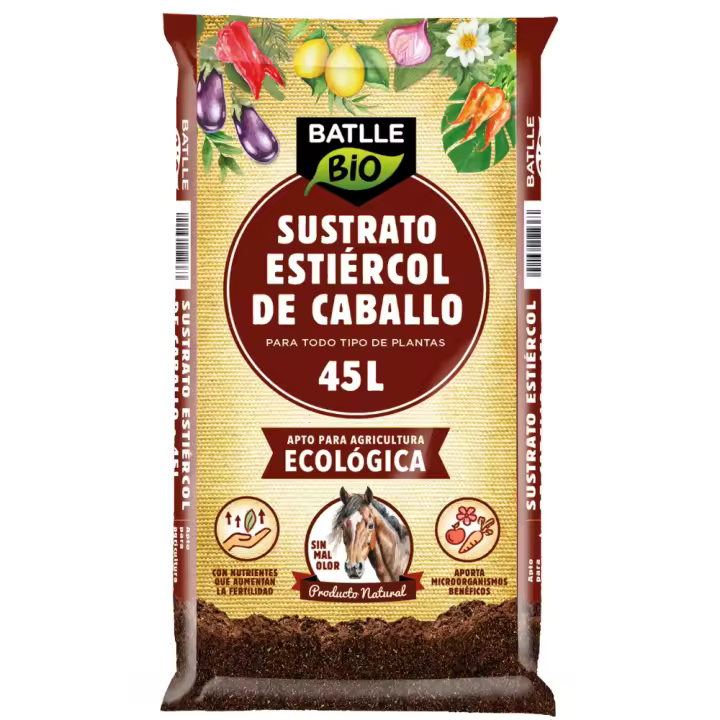 Sustrato Estiércol de Caballo 45L es un sustrato natural 100%, que puede utilizarse en todo tipo de plantas y mejora la estructura del suelo. Apto para agricultura ecológica - Batlle - 1
