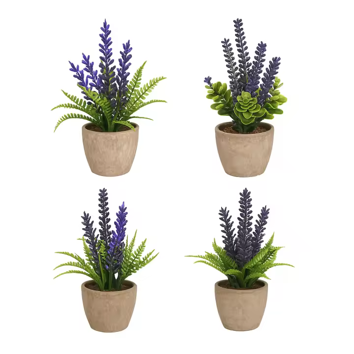 Poenia Arte Floral - Bonsai Lavanda Artificial En Maceta 17cm Pack de 4 - Ref 631008-4 - Decoración Duradera - Fácil de Mantener - Mini Plantas Verdes para Hogar, Oficina, Cocina, Ventana - Decoración Interior Mesa Baño Escritorio - 1
