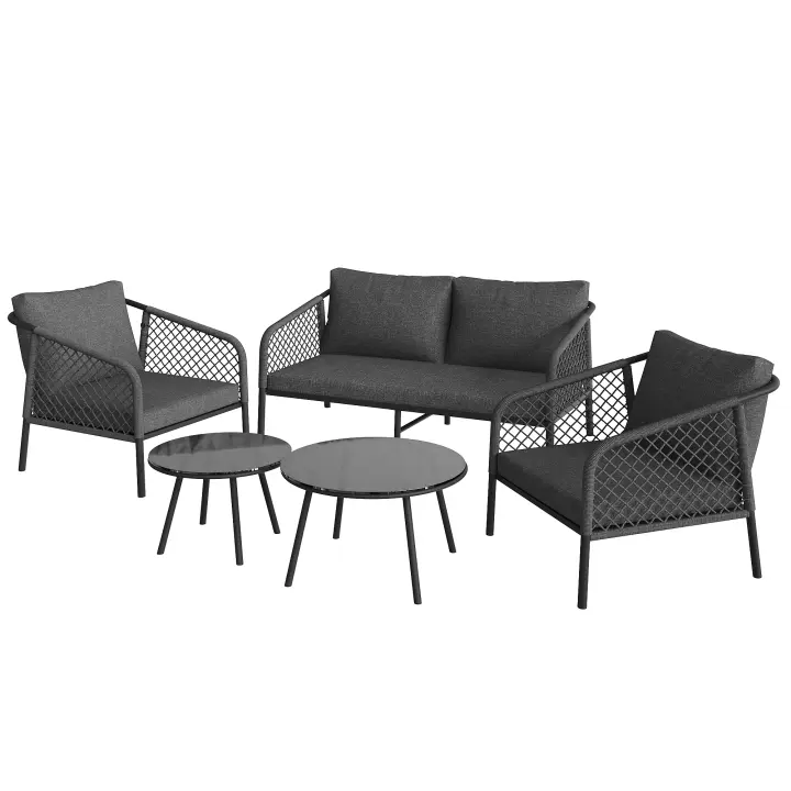 Conjunto de salón de Jardín, Conjunto de muebles de Jardín hechos de cuerdas, Moderno conjunto de sofá de exterior con Cuerdas grises, tablero de Cristal Liso que incluye todos los artículos y cojines de respaldo, muebles de salón, Conjunto de - 1