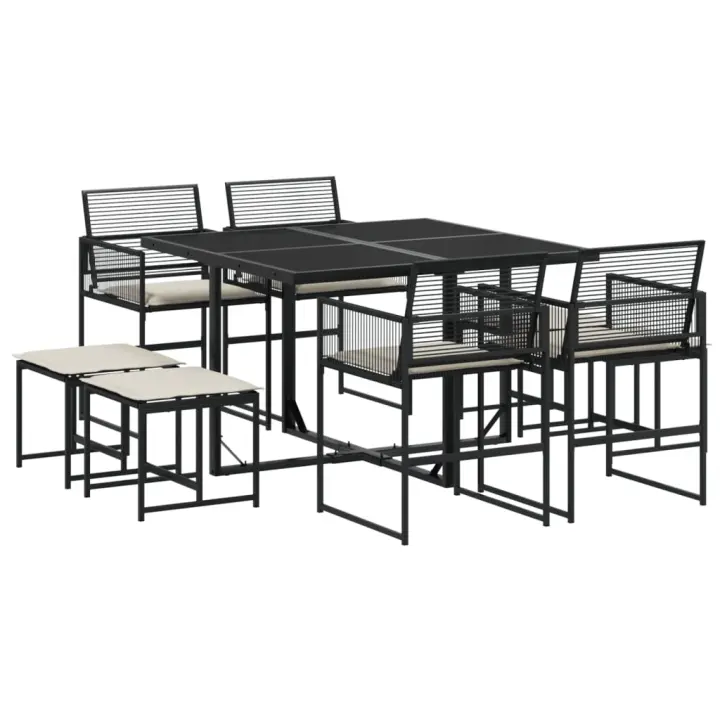 vidaXL Set de comedor de jardín 9 pzas y cojines ratán sintético negro - 1