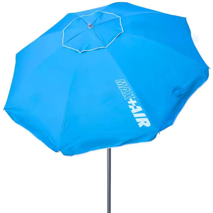 Aktive - Sombrilla playa antiviento.180 cm, 200 cm o 220 cm, Max Air, azul, forma octogonal, poliéster con protección UV50 y revestimiento plateado, 8 varillas fibra de vidrio, mástil inclinable Ø28/32 mm, incluye funda con asa, con ventilación superior - 1
