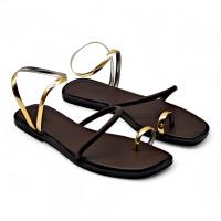 Sandalias Planas de Mujer con Punta Cuadrada, Tira Dedo y Pulsera Tobillera Metálica en Dorado y Plateado, Diseño Minimalista y Elegante para Verano, Playa o Eventos Casuales - details 1