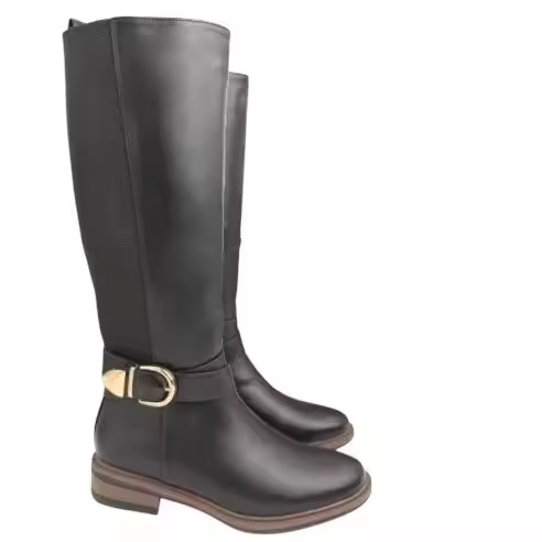 Calzado Estilo. Botas altas con un diseño sofisticado para Mujer, tacón altura 6 cm, color negro y marrón, cuentan con un Elástico lateral que garantiza un ajuste cómodo, Cremallera lateral,  Detalle decorativo metálico en el tobillo - 1
