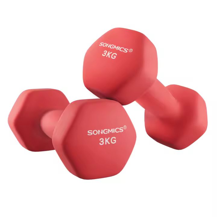 SONGMICS Juego de 2 mancuernas, mancuernas hexagonales, revestimiento de neopreno, entrenamiento de fuerza, entrenamiento de fitness, para el hogar,Rojo Rubí/Naranja Papaya - 1