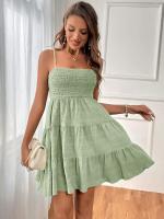 Vestido De Verano Para Mujer Con Hombros Alargados Y Cuello En V De Color Sólido Textura Versátil Vestido De Rodilla Ajustado Y Flare - details 16