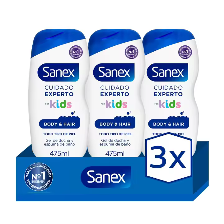 Gel de ducha o baño Sanex Biome Protect Dermo Kids cuerpo y cabello para niños 475ml. Pack 3 - 1