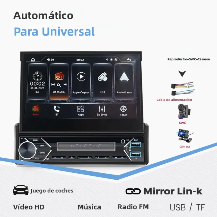 Reproductor Multimedia Para Coche 1Din Pantalla Retráctil HD De 7 Pulgadas Con Android Auto Wireless Car Play MP5 FM USB AUX Soporte Para Radio Y Control De Volante - 1