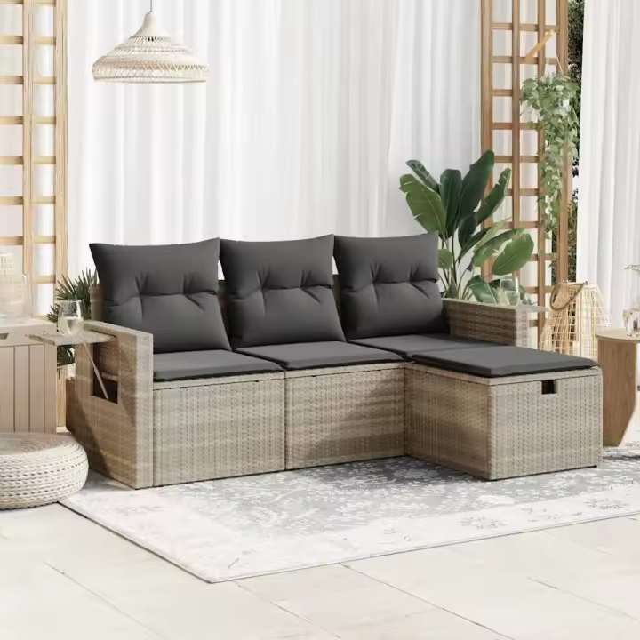 vidaXL Set de sofás de jardín 4 pzas y cojines ratán sintético gris - 1
