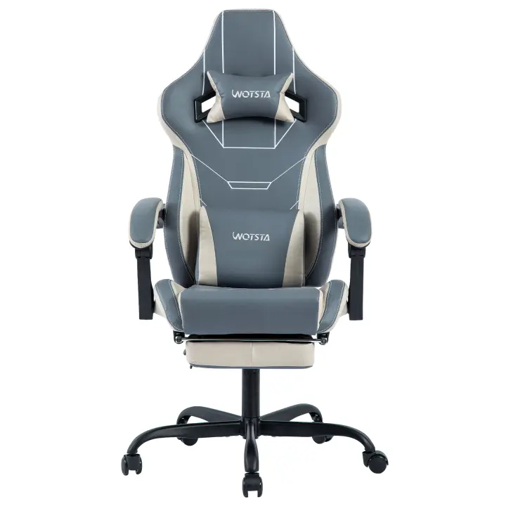Silla Gaming Ergonómica Silla de Oficina con Reposapiés Silla Racing Silla de Ordenador Regulable en Altura Silla de Ordenador Acolada Soporte Lumbar Azul Beige - 1