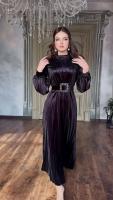 Vestido De Noche De Lujo 2024 Para Mujeres Elegantes Diseñador Invierno Velours Vestidos Con Cinturón Para Damas Del Medio Oriente A-Line Cuello En V Manga Regular Largo Hasta La Rodilla - details 3