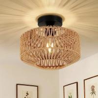 Lámpara De Techo Clásica Hecha a Mano Lámpara Decorativa De LED De Rattan Para Sala De Estar Dormitorio Estudio Color Oliva Marrón - details 0