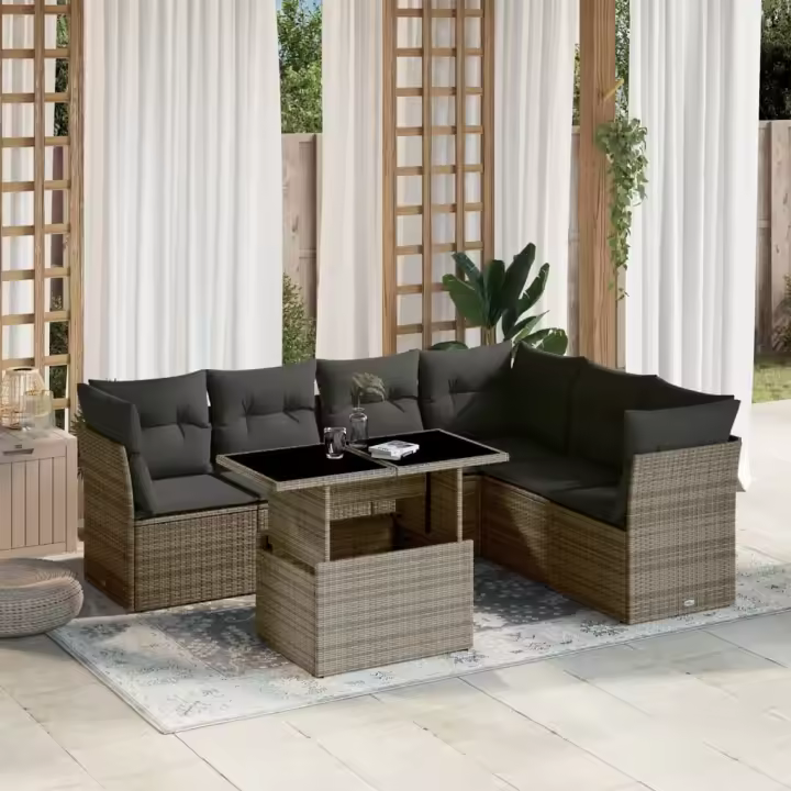 vidaXL Set de sofás de jardín 7 pzas con cojines ratán sintético gris - 1
