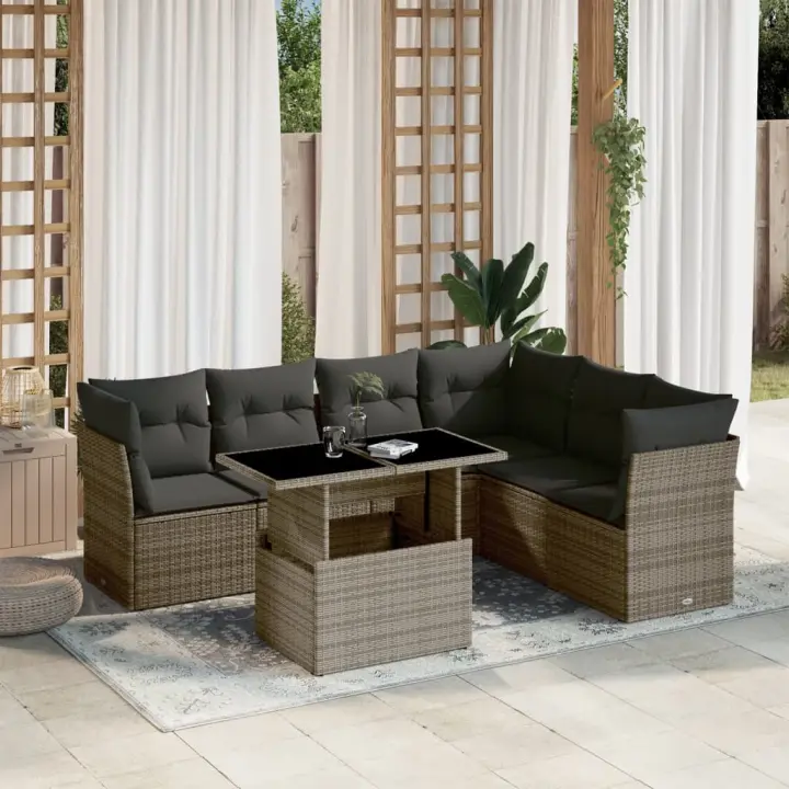 vidaXL Set de sofás de jardín 7 pzas con cojines ratán sintético gris - 1