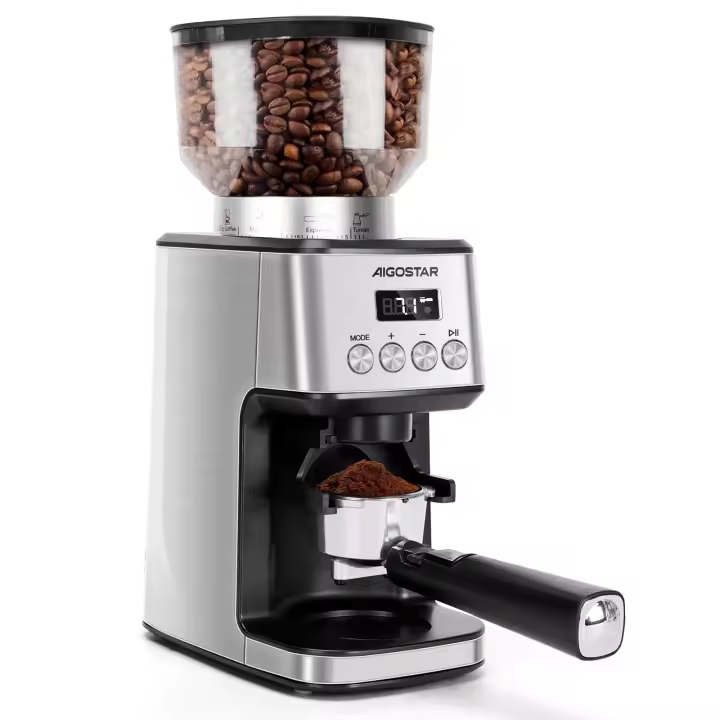 AIGOSTAR Molinillo de Café Eléctrico con Soporte Desmontable y Contenedor, 180W, Panel Táctil LCD, 52 Regulable de Molido Molinillo de Café - 1