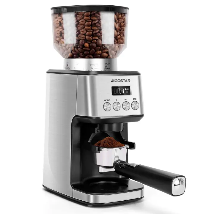 AIGOSTAR Molinillo de Café Eléctrico con Soporte Desmontable y Contenedor, 180W, Panel Táctil LCD, 52 Regulable de Molido Molinillo de Café - 1