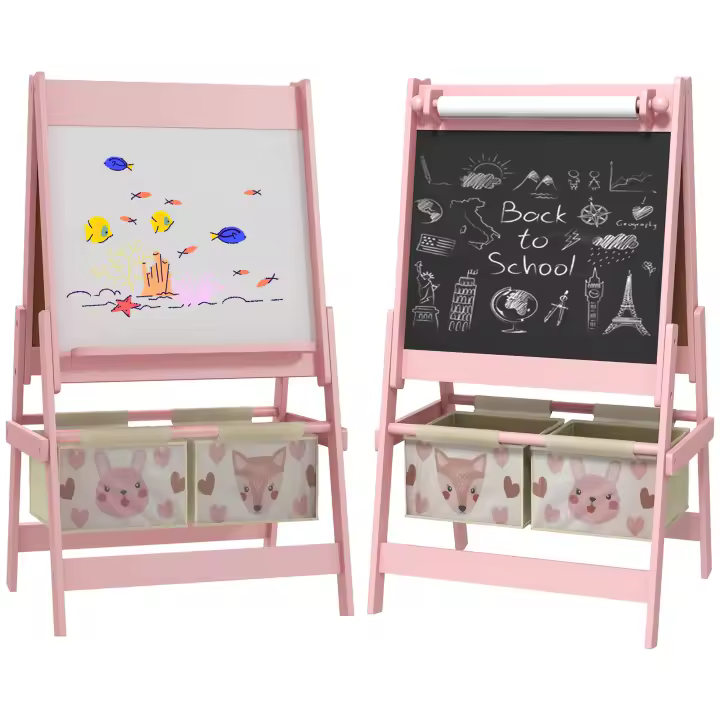 AIYAPLAY Caballete para Niños 3 en 1 Caballete Infantil de Doble Cara Caballete de Arte con Rollo de Papel Pizarras y 2 Cestas de Almacenamiento 54x46,5x93 cm - 1