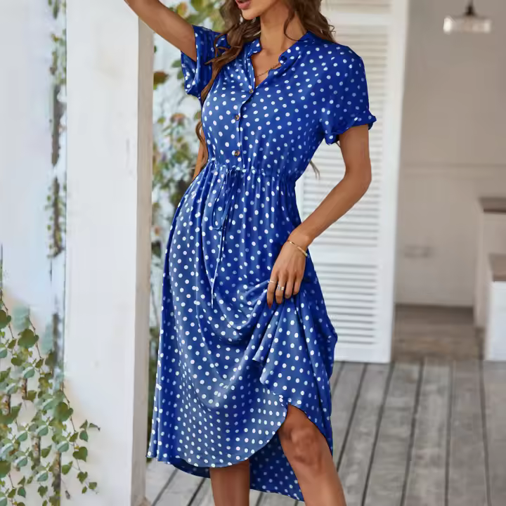 Polka dot dress summer new product Mori girl all-match shirt collar large swing skirt - 1