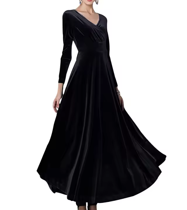 Vestido Largo De Veludo Elegante Para Fiesta De Noche V-Neck Vestido Formal De Mujer Vestido Maxi De Autum 2023 Cierre Pullover Polyester - 1