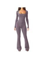 Traje De Yoga Para Mujer Con Manga Larga Cintura Ajustable Levantador De Caderas Neck Square Pierna Ancha Elástico Alto Jumpsuit Sin Costuras Material Poliéster - details 5