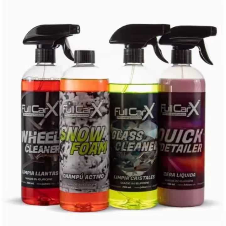 AutoFullCar - KIT LIMPIEZA COCHES EXTERIOR FullCarX - Limpia Llantas, Champú Neutro, Limpia Cristales y Cera Líquida Quick Detailer - 750 ml. Unidad - 1