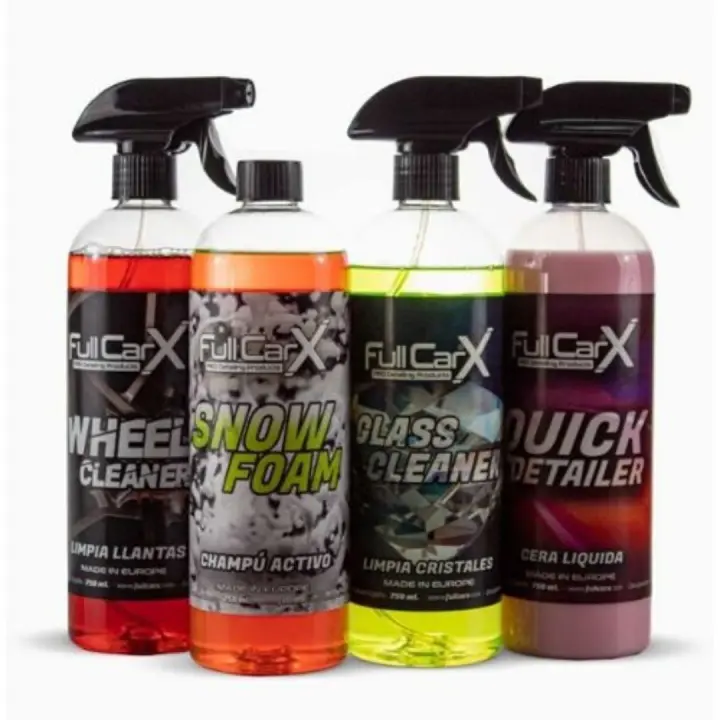 AutoFullCar - KIT LIMPIEZA COCHES EXTERIOR FullCarX - Limpia Llantas, Champú Neutro, Limpia Cristales y Cera Líquida Quick Detailer - 750 ml. Unidad - 1