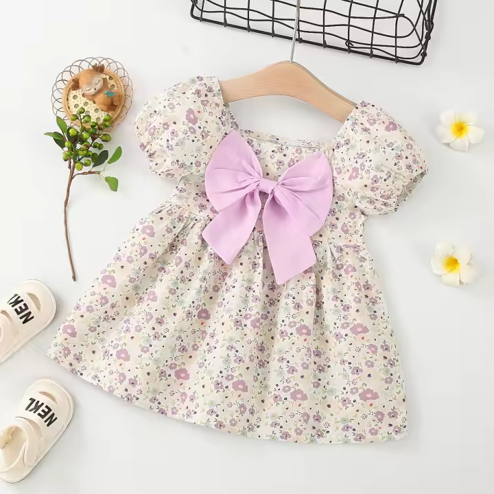 Vestido De Princesa Para Bebé Niña Verano Con Mangas Flotantes Y Floral Vestido De Cumpleaños En Rosa Cotton Polyester - 1