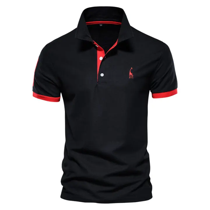 Camiseta de hombre con solapa de malla ruqi de manga corta con bordado de ciervos - 1