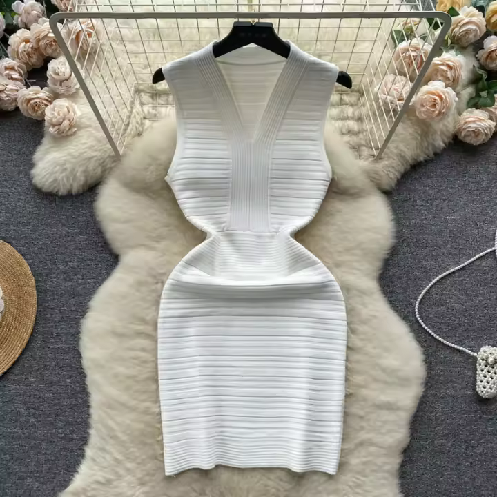 Vestido Bodycon Sin Mangas De Cuello V Blanca Para Mujer REALEFT Elegante Y Casual De Verano Con Ajuste Corporal Mini - 1
