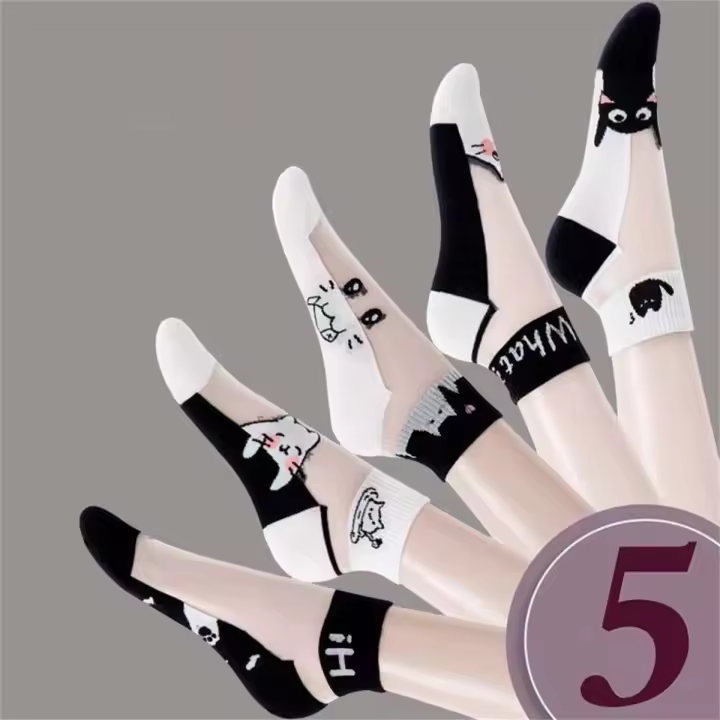 Dreamlikelin 5 Pares De Calcetines Veraniegos Para Mujer Con Patrón De Gato Negro Y Blanco Calcetines Cortos Transpirables De Seda De Vidrio - 1