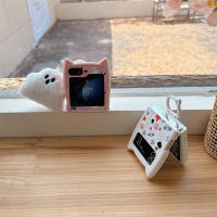 Funda De Teléfono Con Colgante Y Aros Para Samsung Galaxy Z Flip 6 5 4 3 ZFlip 6 Con Orejas De Gato Diseño De Luna Y Fantasma Blanco Y Rosa - details 8