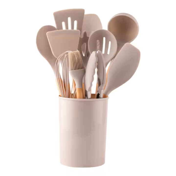 Juego De Utensilios De Cocina De Silicona 12 Piezas Color Khaki Con Mango De Madera Seguros Para Cocinar Herramientas De Cocina No Pegajosas - 1