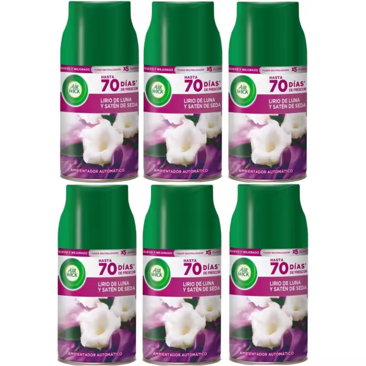 AIR WICK FRESHMATIC RECAMBIOS DE AMBIENTADOR ELECTRICO AROMA LIRIO DE LUNA Y SATEN DE SEDA 250ML - PACK6 Perfuma tu hogar con una fragancia suave y duradera. - 1