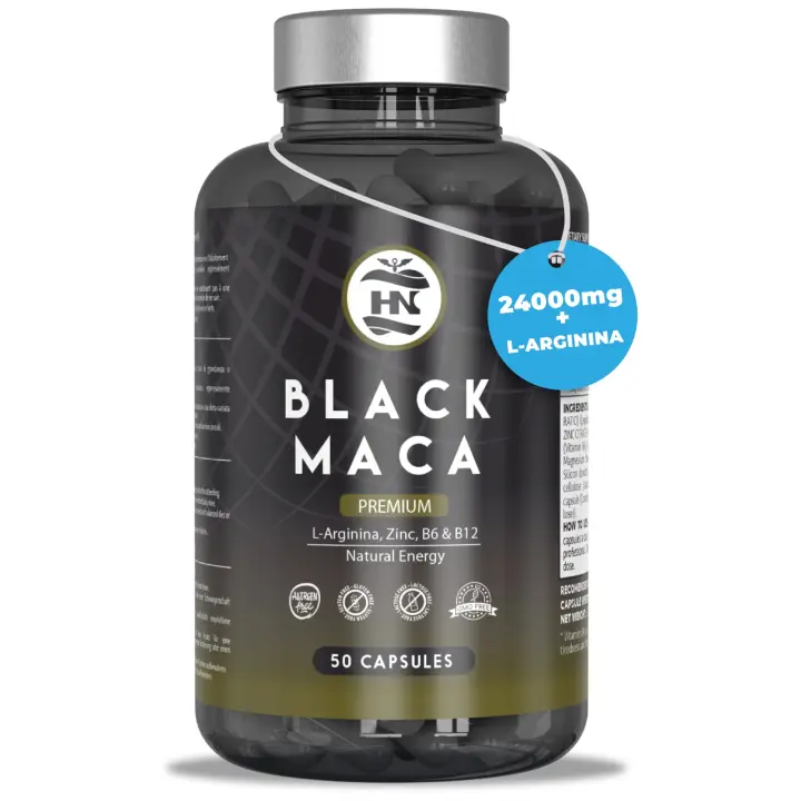 HN - Healthy Nutrition Maca Negra Andina Peruana con L Arginina - Alta Concentración - Energía y Rendimiento - Vitaminas B6 y B12 Contra Cansancio y Fatiga - Maka para Hombres y Mujeres (50 Caps) - 1