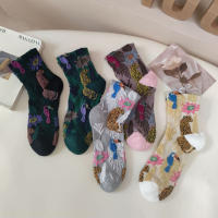 Calcetines Casuales Para Mujer 5 Pares Estilo Callejero Con Dibujos De Animales Y Flores Comodidad Invierno Otoño Calcetines Para El Hogar - details 1