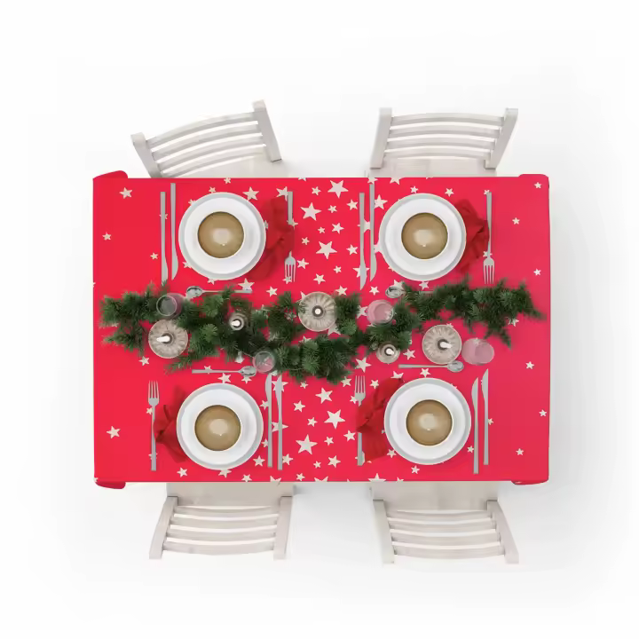 La fabrica de las telas-Mantel Navidad  color rojo estrellas plateadas brillo, tela algodón loneta estampada, lavable, suave, tejido de calidad, cuadrado y rectangular.Decoración hogar, cocina, salon ,comedor, balcón. NOche buena, navidad, noche vieja. - 1