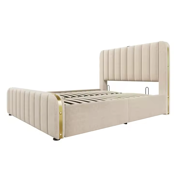 Cama tapizada Cabecero tapizado Doble with Rayas Decorativas Doradas y Carga USB Type-C 140*200 cm, material de Lino beige Cama de camping hidráulica, capacidad de carga 181 kg (sin colchón). - 1