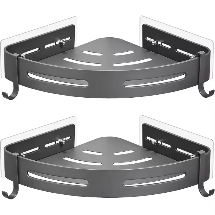 Estante de ducha de metal sin taladrar con 2 ganchos, estante de esquina, cesta inoxidable, estante de esquina para baño con kit de instalación - 1