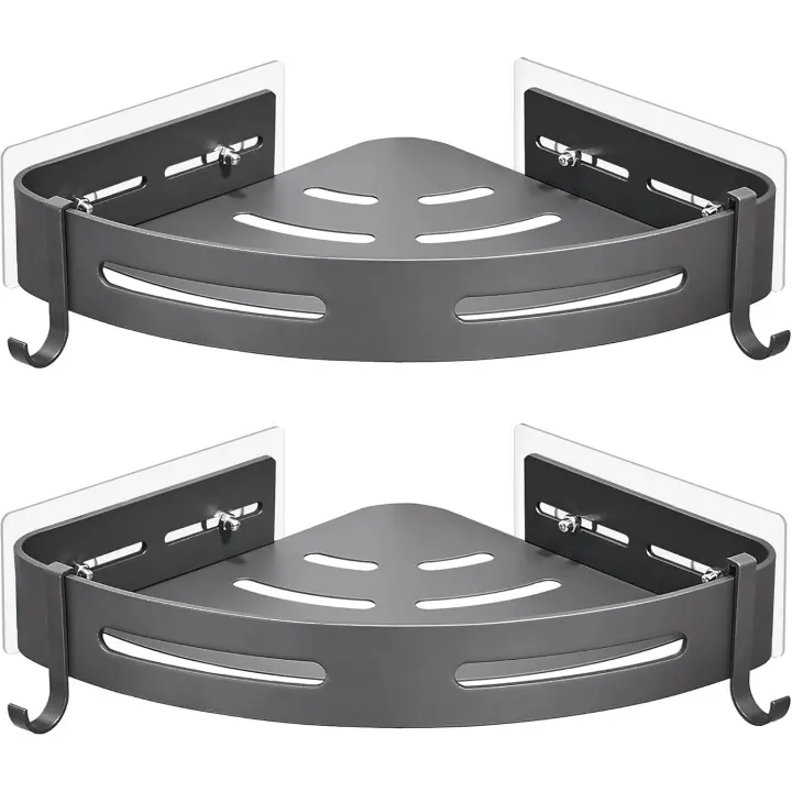 Estante de ducha de metal sin taladrar con 2 ganchos, estante de esquina, cesta inoxidable, estante de esquina para baño con kit de instalación - 1